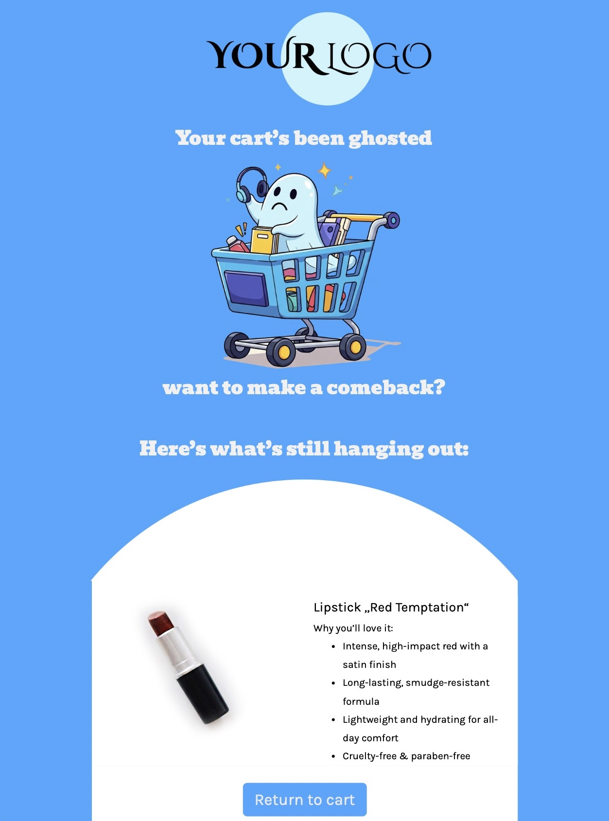 Fun Abandoned Cart email design for Desktop created in Mail Designer 365, featuring a sad ghost wearing headphones in a shopping cart, with the text 'Your cart's been ghosted' and 'want to make a comeback?'. Below, details for a 'Lipstick, Red Temptation' product are displayed, including its benefits and a 'Return to cart' button.