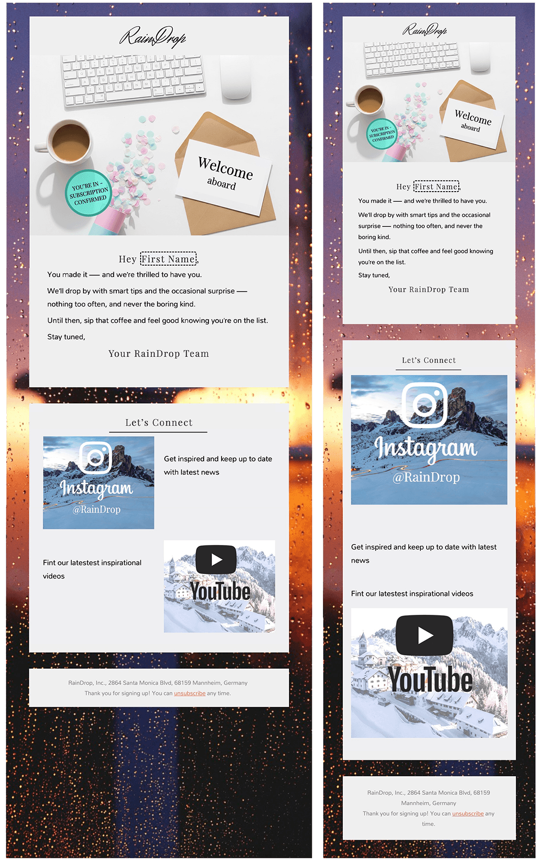 An email template for customer onboarding, designed with Mail Designer 365, showcasing both mobile and desktop versions. The design features a "Welcome Aboard" message, elements like a keyboard, mouse, coffee cup, and scattered candies. It includes sections for connecting via Instagram and YouTube, set against a background depicting a sunset over mountains.