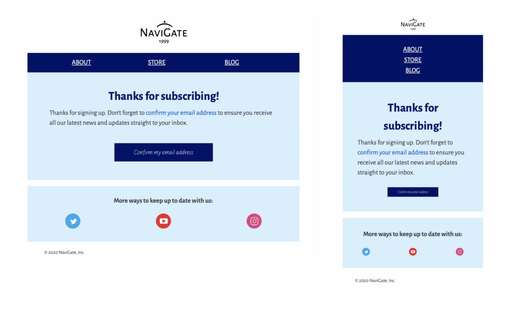 An opt-in template for email confirmation, displayed in both desktop and mobile views. The email features a 'Thanks for subscribing!' message, a prominent 'Confirm my email address' button, and links to social media for more ways to keep up with updates.