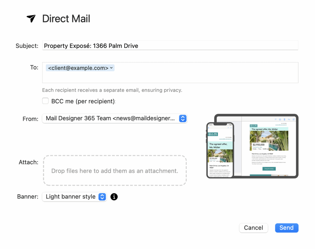 1:1 email marketing for real estate in Mail Designer 365