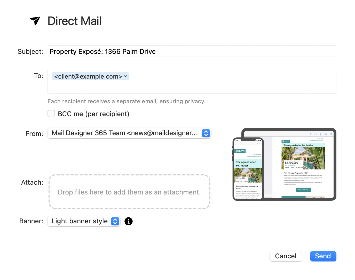 1:1 email marketing for real estate in Mail Designer 365