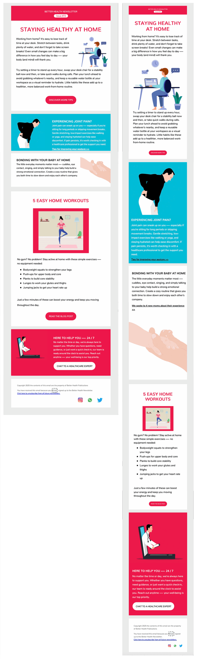 A healthcare email template providing tips on "Staying Healthy at Home" and "5 Easy Home Workouts," displayed in both desktop and mobile views. This design was created by Mail Designer 365 and includes mobile and desktop versions, ensuring it's an email newsletter layout created using the Mail Designer 365 email design software – fully responsive.