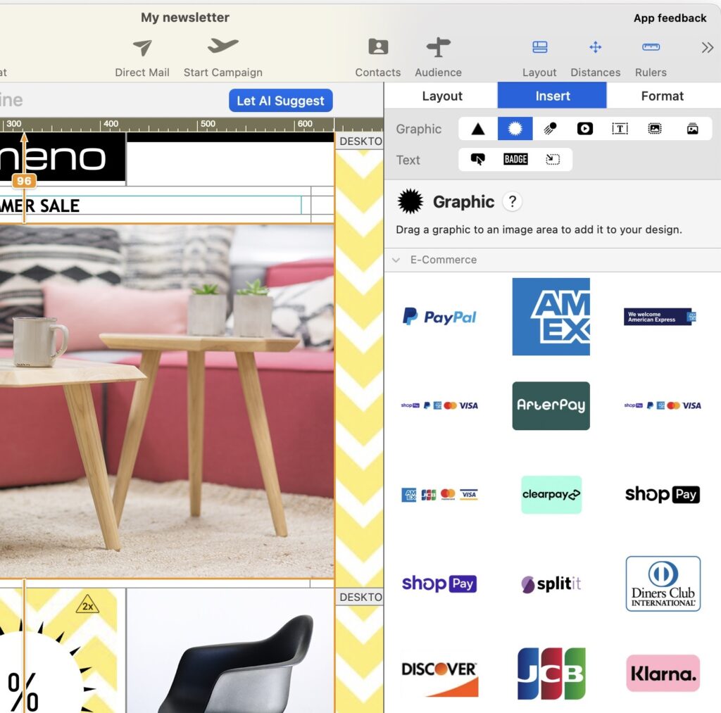 An email design interface within Mail Designer 365, showcasing a newsletter creation process. The left side displays a "Summer Sale" email template with images of furniture, while the right sidebar menu presents various design elements, including a section for e-commerce payment methods like PayPal, American Express, Visa, and Shop Pay.