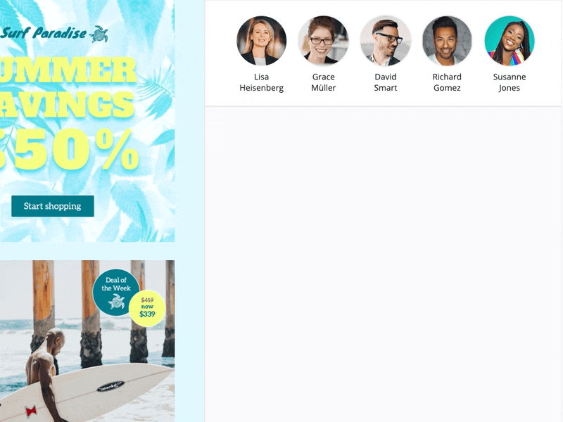 A screenshot from Mail Designer 365 showcasing its collaboration features. The left side displays a "Surf Paradise Summer Savings 50%" email template with a surfing theme. The right side shows a comment section with profile pictures and names of collaborators (Lisa Heisenberg, Grace Müller, David Smart, Richard Gomez, Susanne Jones) providing feedback on the email design, such as "Looks great! Please can you update with the news?" and "There's a typo in the last headline."
