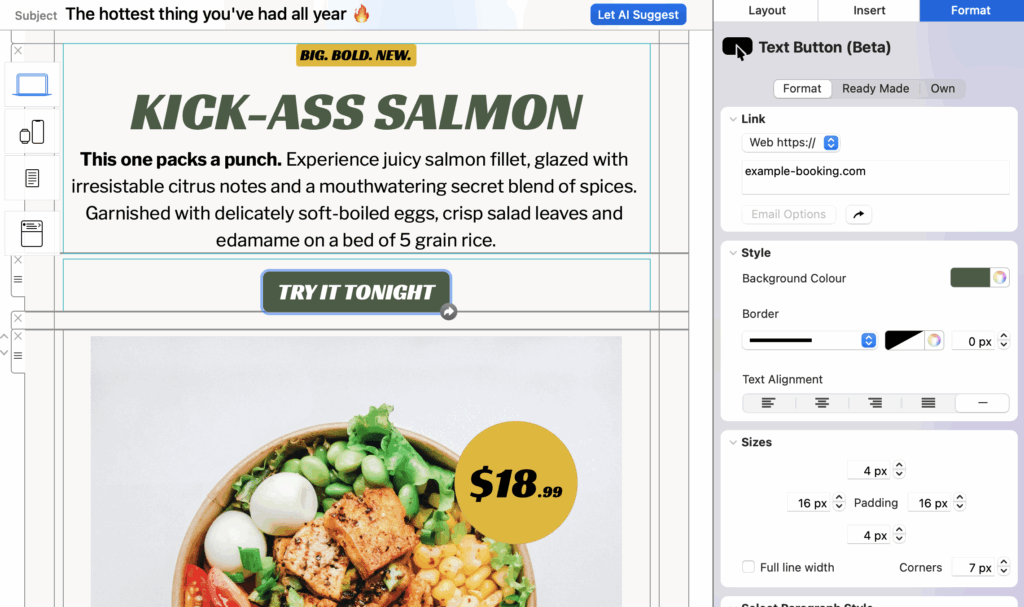 A screenshot from the Mail Designer 365 software, showing an email design for a restaurant. The email promotes a "Kick-Ass Salmon" dish with a description and a "Try It Tonight" call-to-action button. The right-hand panel displays the "Text Button (Beta)" formatting options within the email design interface.