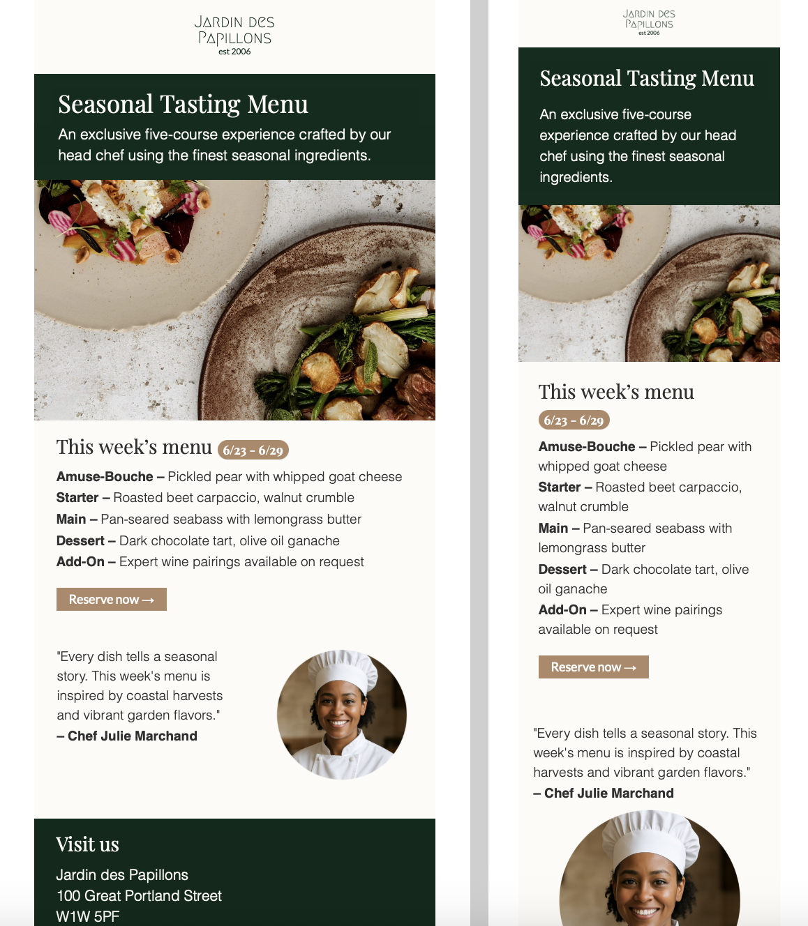 Highlight your tasting menu or seasonal prix fixe with this refined layout. Ideal for fine dining and chef-led experiences. Email template for seasonal tasting menu at fine dining restaurant – chef-curated dishes, elegant design