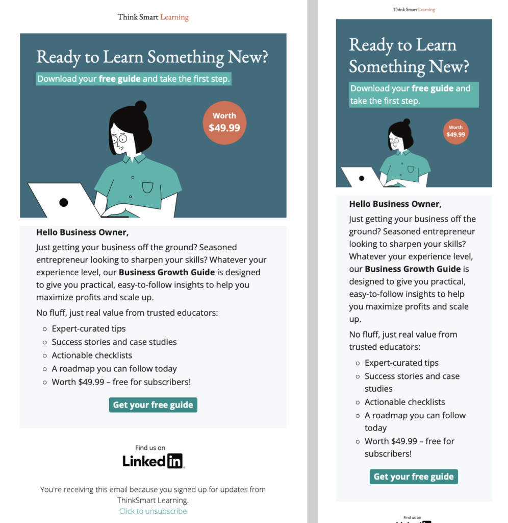 Lead magnet email template for online learning, with bold call-to-action to download a free educational guide