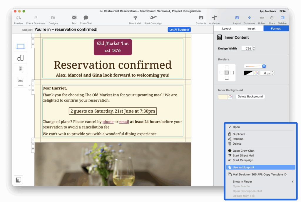 save restaurant reservation email templates as blueprints in mail designer 365