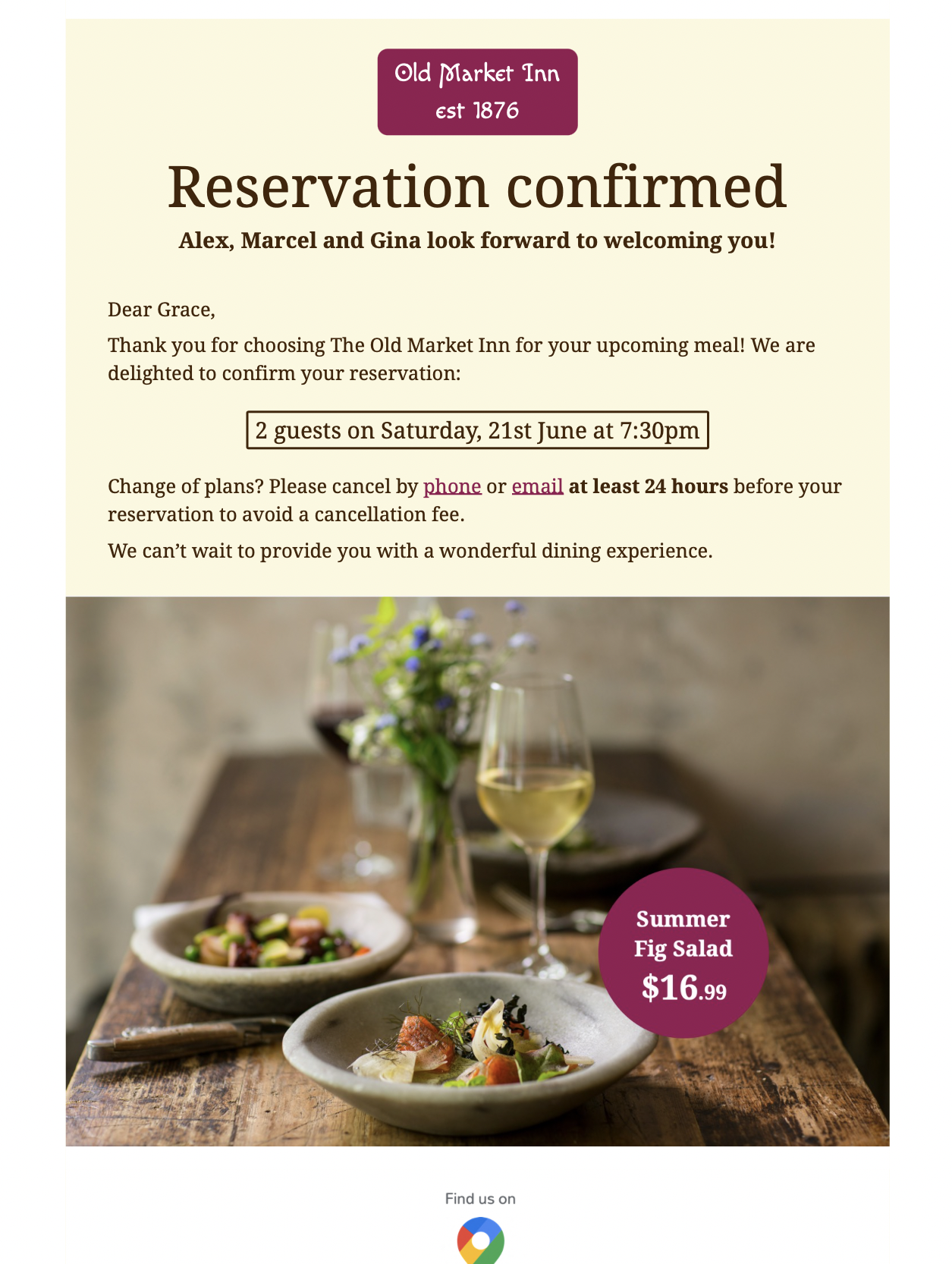 reservation confirmation email template for restaurants