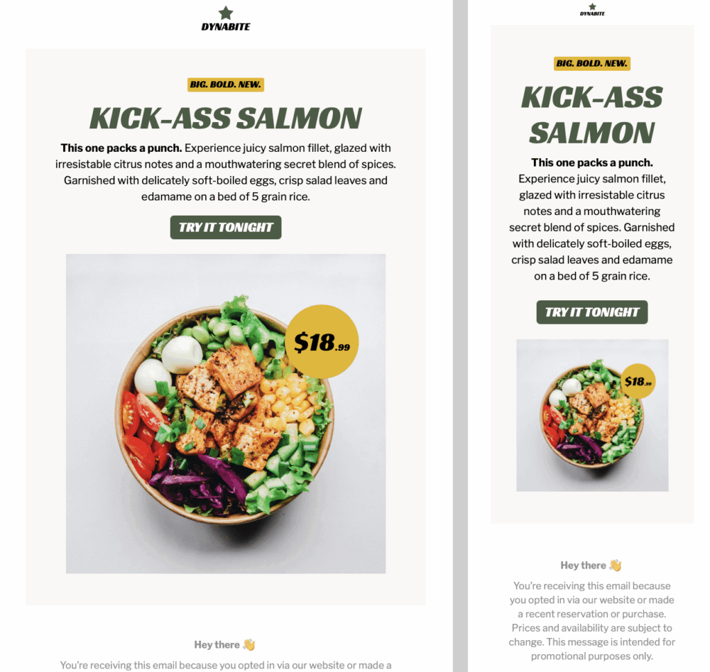 Restaurant marketing email template for restaurant dish launch – features kick ass salmon hero graphic, plus reservation button.