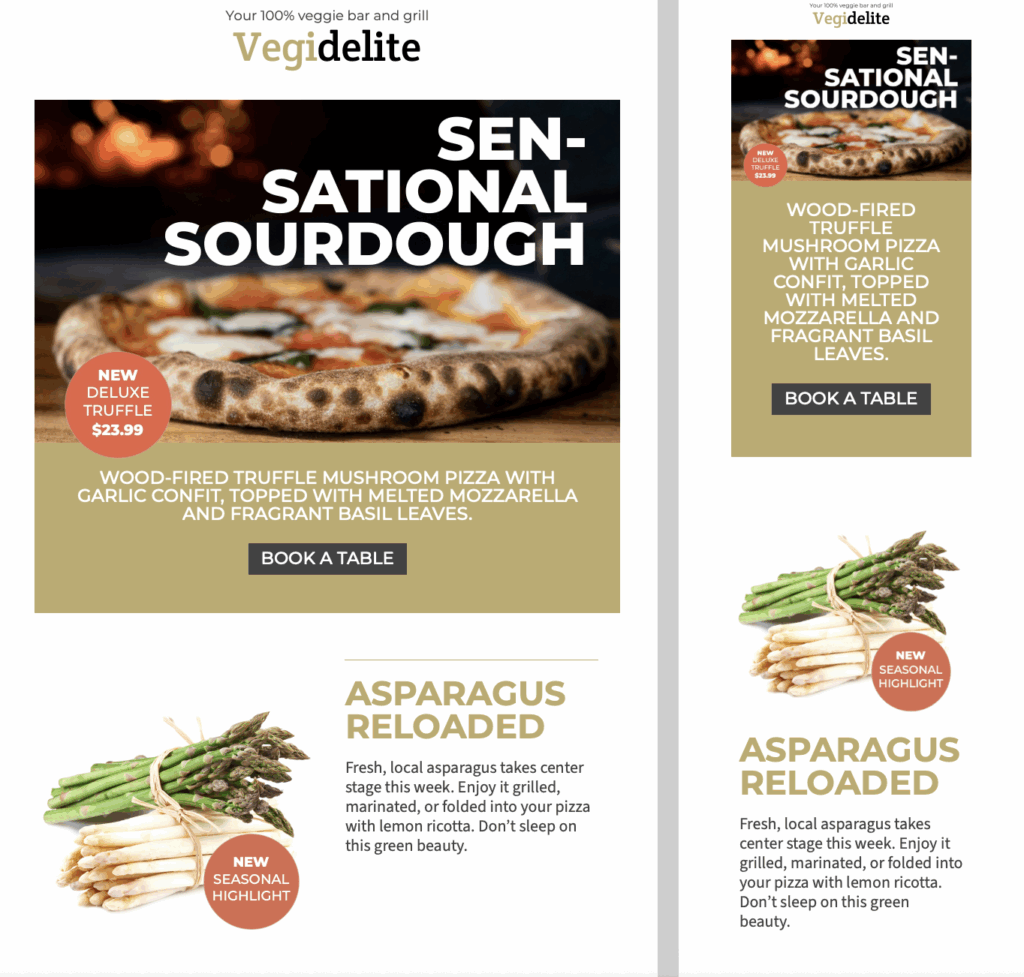 Hip restaurant newsletter email template for pizza and wine bar – includes meal of the day, natural wine feature, and event promotion