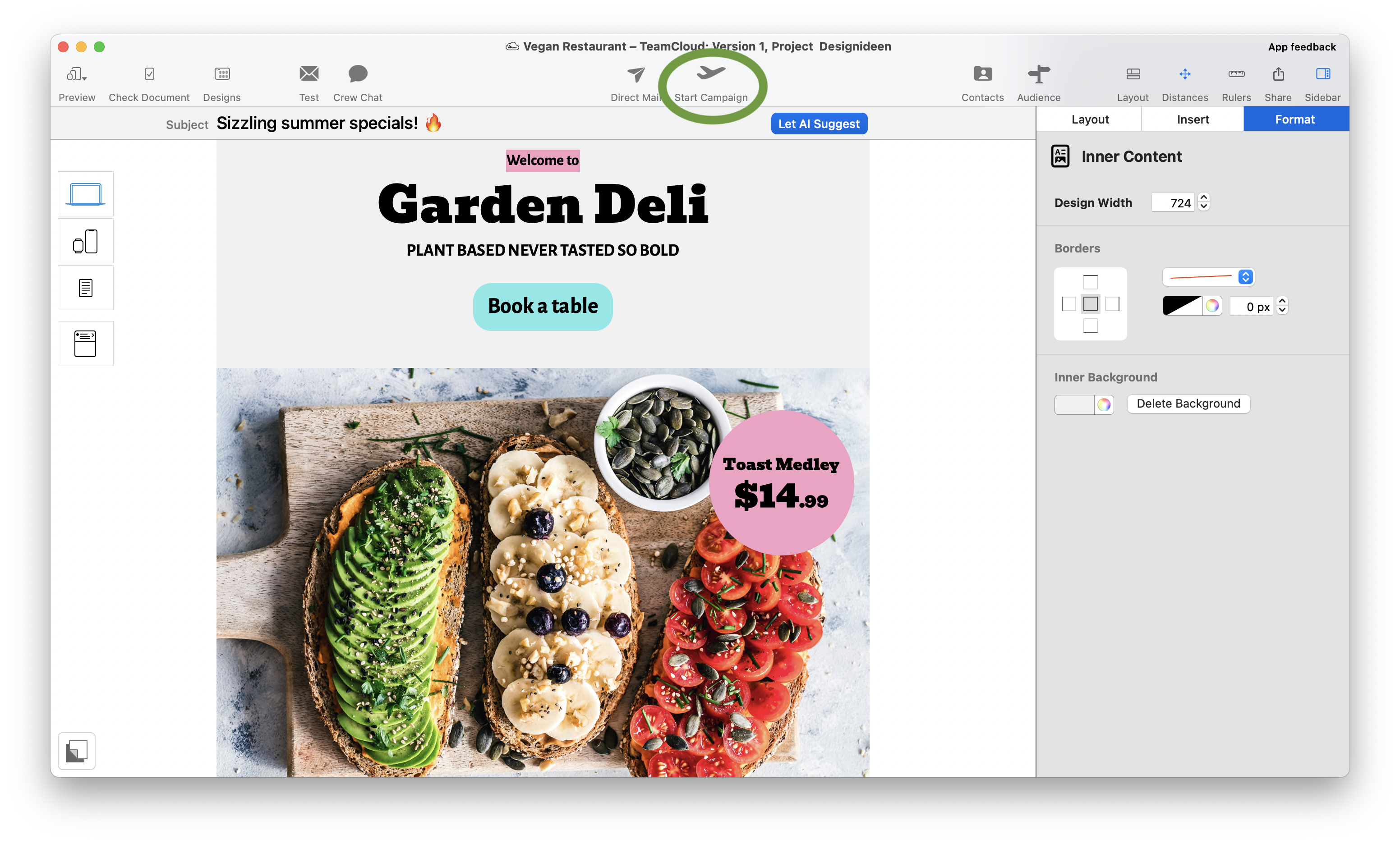 design and send email templates for restaurants in mail designer 365