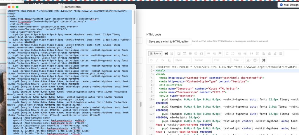 Screenshot showing user copying Sendy HTML email templates code from content.html file exported by Mail Designer 365 into Sendy’s HTML editor
