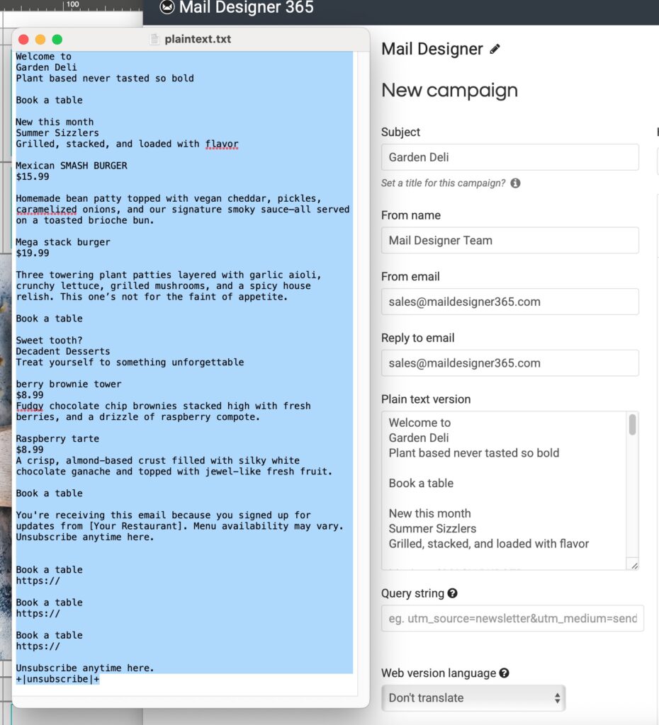 Screenshot showing how to copy the plaintext version from Mail Designer 365 export (plaintext.txt) into Sendy for Sendy HTML email templates setup