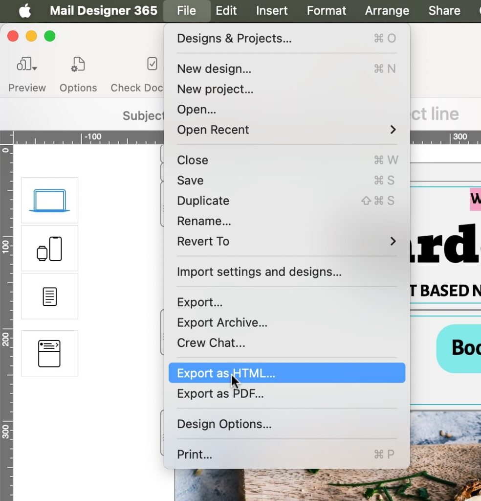 Mail Designer 365 File menu with "Export as HTML" option highlighted for exporting email design