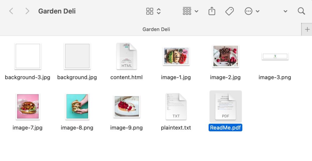 Folder view showing exported Sendy HTML email templates from Mail Designer 365, including content.html, images, and ReadMe.pdf