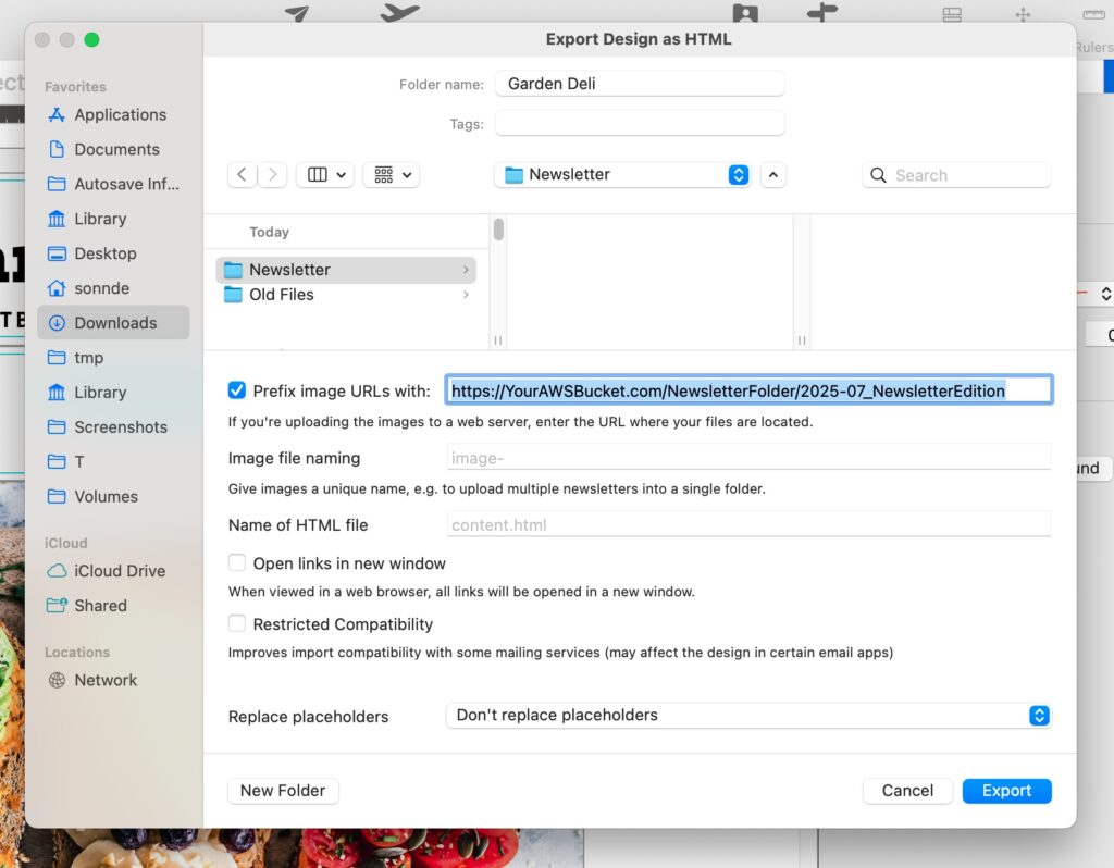 Mail Designer 365 Export Design as HTML dialog preparing Sendy HTML email templates with folder name "Garden Deli" and AWS bucket image URL prefix