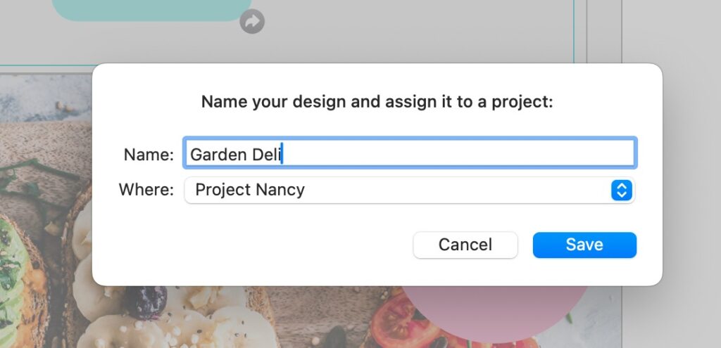 Save dialog in Mail Designer 365 showing design named "Garden Deli" assigned to project "Project Nancy"