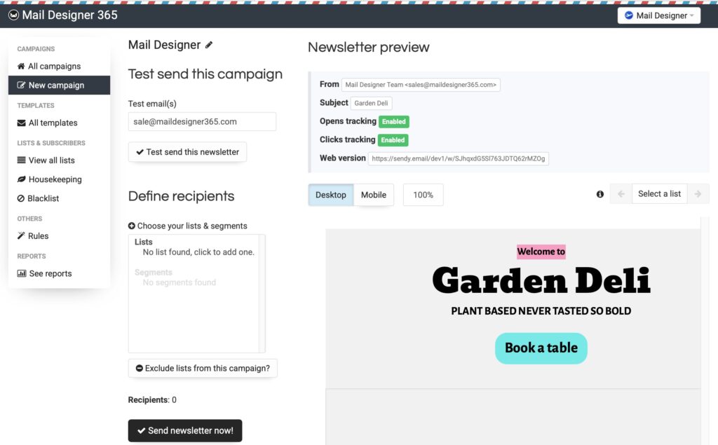 Screenshot showing the finished Sendy HTML email templates preview in Sendy, with options to send a test email, define recipients, and start the email sending process