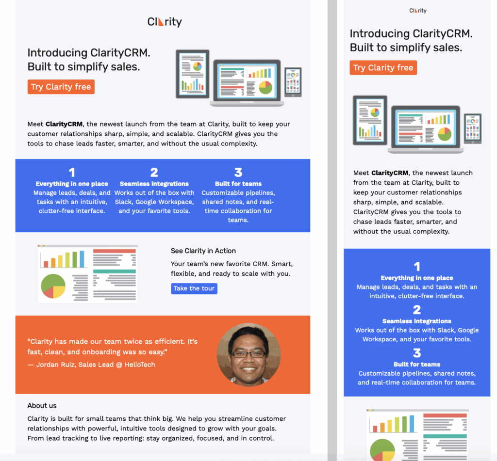 Software launch email template for CRM software with modern design, feature highlights, and user testimonial.