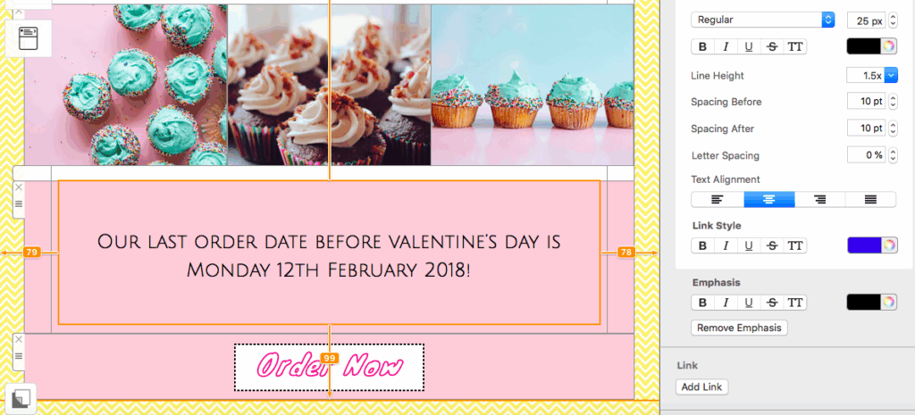 Custom email template in progress inside Mail Designer 365 with colorful cupcakes and Valentine’s Day promotion