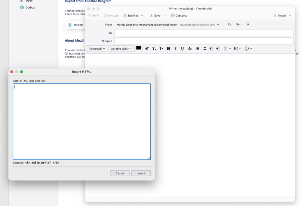 HTML Email Thunderbird Insert HTML window for adding custom HTML email code