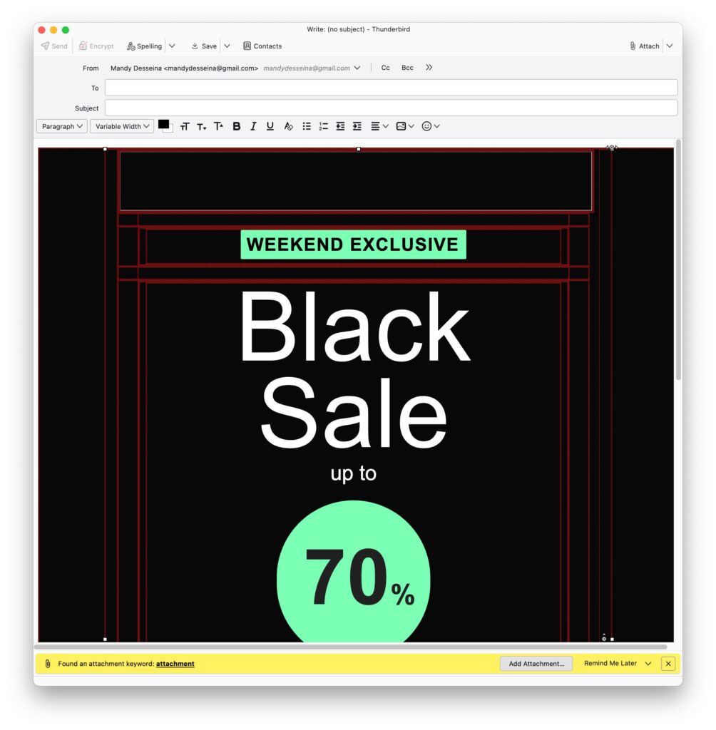 Thunderbird HTML email template imported from Mail Designer showing red editing lines around the design
