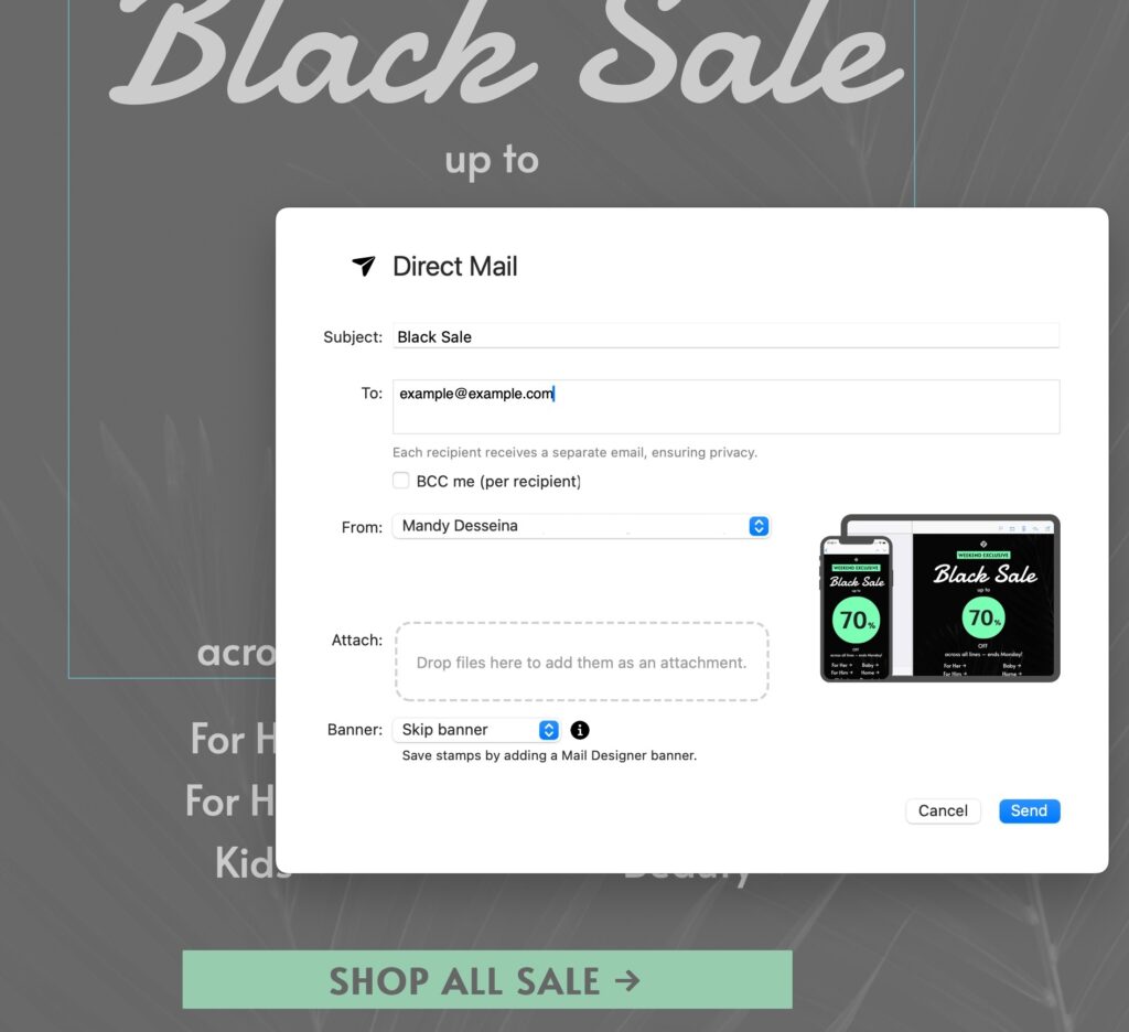 Mail Designer 365 Direct Mail interface for sending professional HTML emails directly from your Mac.
