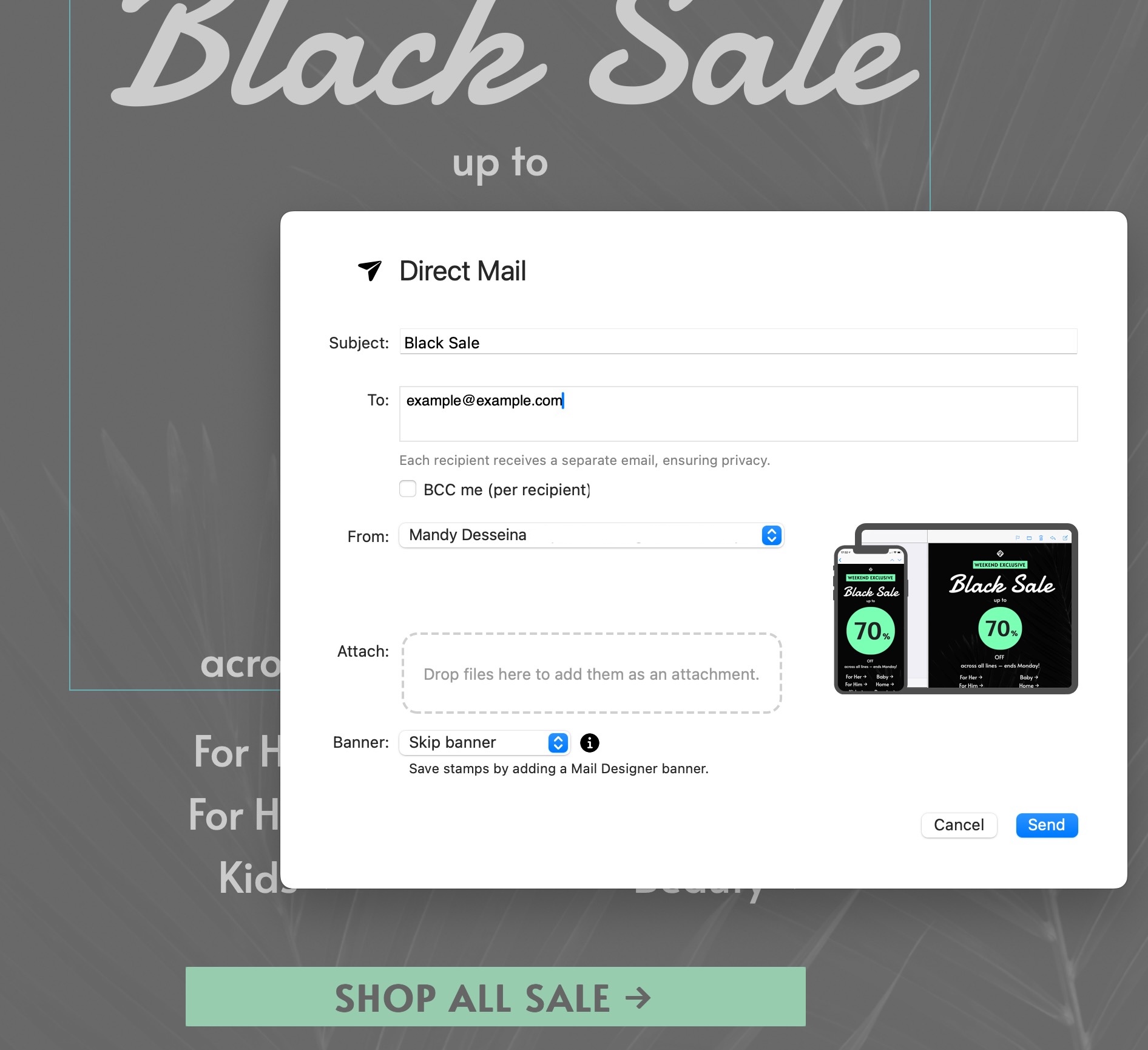 Mail Designer 365 Direct Mail interface for sending professional HTML emails directly from your Mac.