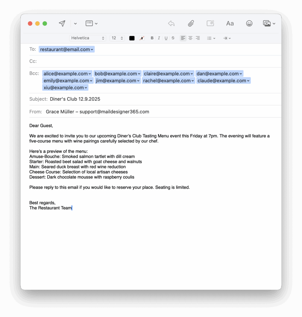 Example: A restaurant’s plain text email sent via BCC.