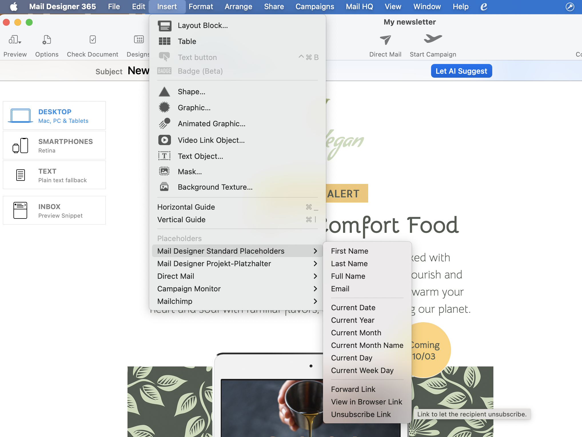 Adding an unsubscribe link via the placeholder menu in Mail Designer