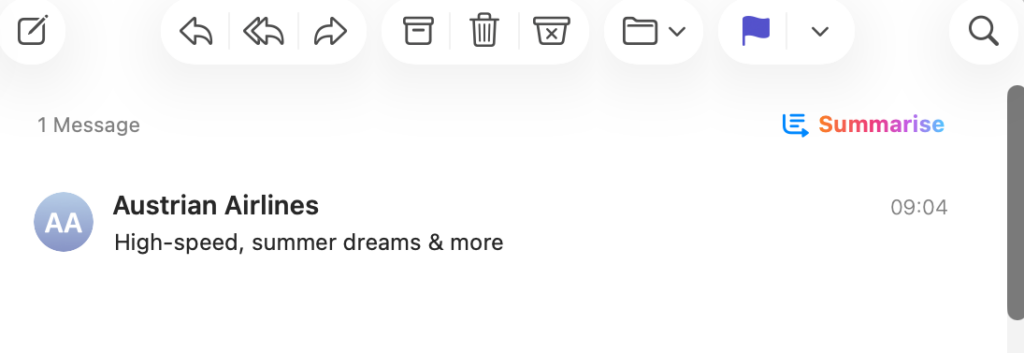 Apple AI Summarise tool in the Mail app on macOS