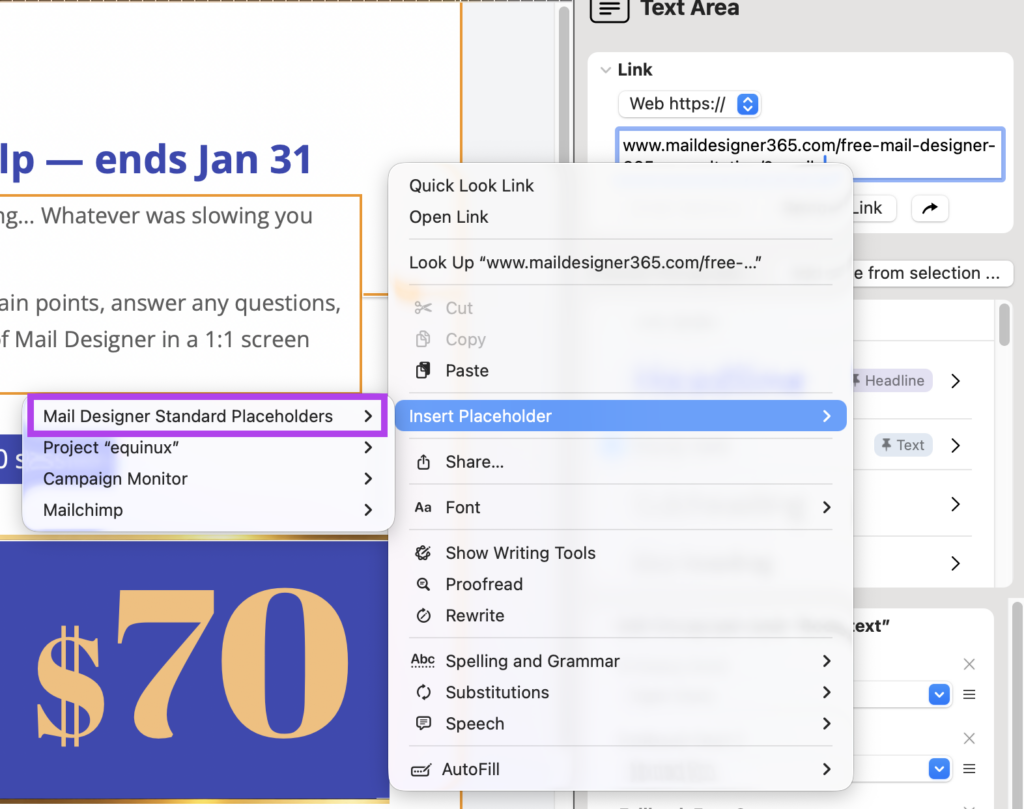 Inserting an email placeholder to pre-fill an email address in a URL