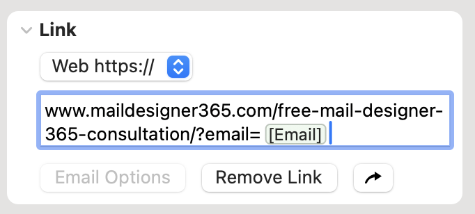 inserting the email placeholder into the link field to pre-fill email address in a url