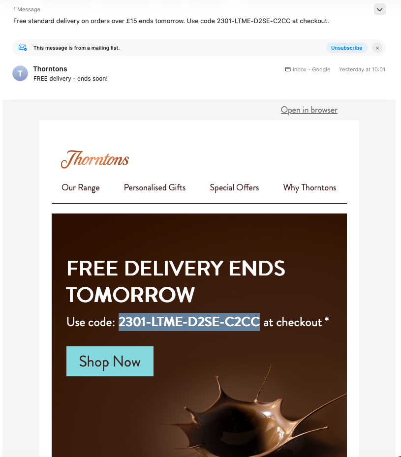 Apple AI Summarise for a free delivery email promotion by Thorntons