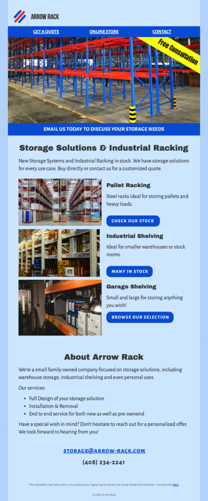 Industrial Shelving & Pallet Racking Email Template for Arrow Rack, professionally designed in Mail Designer to showcase warehouse storage solutions and installation services.