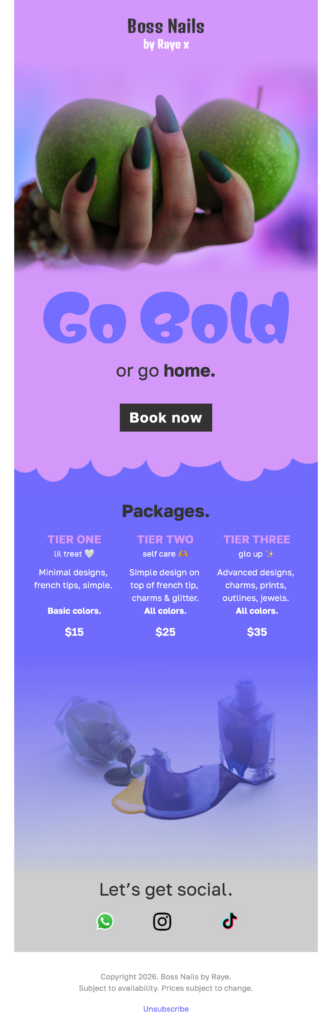 A stylish Nail Salon Price List email template featuring a "Go Bold" headline, tiered service packages ($15, $25, and $35), and a "Book Now" button over a purple and blue gradient background.
