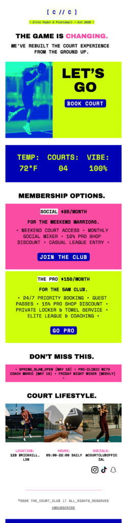 sports club email template, modern neon color-block design