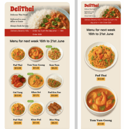 A vibrant, image-forward template perfect for showcasing delivery menus and featured dishes. Designed for bold flavors and fast decisions—ideal for Thai restaurants offering online orders or takeout. Email template showcasing Thai food delivery menu – includes featured dishes, vibrant imagery, and clear ordering options for takeout or online delivery.