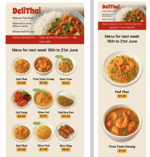 A vibrant, image-forward template perfect for showcasing delivery menus and featured dishes. Designed for bold flavors and fast decisions—ideal for Thai restaurants offering online orders or takeout. Email template showcasing Thai food delivery menu – includes featured dishes, vibrant imagery, and clear ordering options for takeout or online delivery.