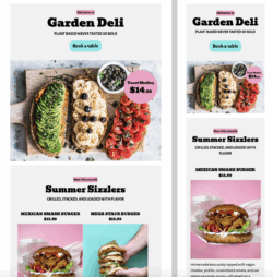 A stylish, food-first template perfect for promoting modern plant-based menus. Ideal for seasonal dishes, featured specials, and full-service restaurant campaigns. Vegan restaurant email template showcasing summer specials and desserts – features plant-based smash burger, stacked burger, berry brownie tower, and raspberry tarte.