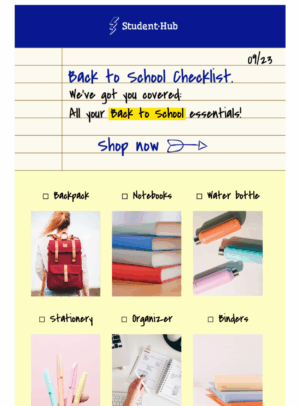 Get your readers ready for the busy Back to School period with this creative email template in notebook style. html email template for back to school checklist