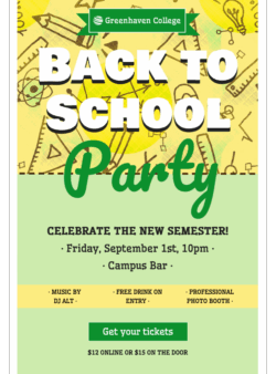 Promote an exciting Back to School event for students using this fun and colorful email template. html email template for back to school parties and events