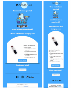 Abandoned Cart Fun Fun Abandoned Cart email design for Desktop and Mobile created in Mail Designer 365 email Design Software. Featuring a sad ghost wearing headphones in a shopping cart, with the text 'Your cart's been ghosted' and 'want to make a comeback?'. Below, details for a 'Lipstick, Red Temptation' product are displayed, including its benefits and a 'Return to cart' button.