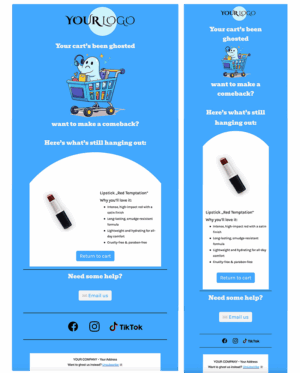 Abandoned Cart Fun Fun Abandoned Cart email design for Desktop and Mobile created in Mail Designer 365 email Design Software. Featuring a sad ghost wearing headphones in a shopping cart, with the text 'Your cart's been ghosted' and 'want to make a comeback?'. Below, details for a 'Lipstick, Red Temptation' product are displayed, including its benefits and a 'Return to cart' button.