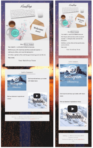 Customer Onboarding An email template for customer onboarding, designed with Mail Designer 365, showcasing both mobile and desktop versions. The design features a "Welcome Aboard" message, elements like a keyboard, mouse, coffee cup, and scattered candies. It includes sections for connecting via Instagram and YouTube, set against a background depicting a sunset over mountains.