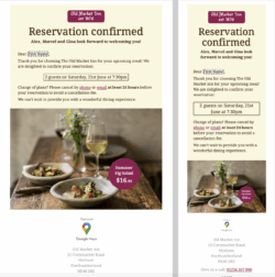 Send a personalized confirmation message to restaurant visitors with this stylish yet classic design. Perfect for traditional pubs and restaurants Stylish restaurant reservation confirmation email template for pubs, bistros and restaurants