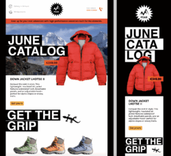 Sales Catalog sales email template featuring outdoor gear – ski jacket, hiking boots, and tent products displayed in a clean layout with catalog theme.