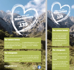Travel Deals Email template promoting hiking getaways in destinations like Lake Tahoe, Bryce Canyon, and the Smoky Mountains – designed for nature lovers and stargazers with clear calls to action.