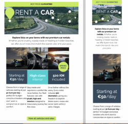 Car Rental Car rental email template featuring luxury vehicles in Ibiza – highlights daily rates, high-class interiors, and 500 KM included with bookings.